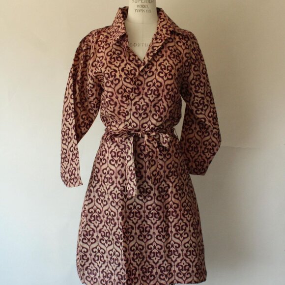 Vintage 1960s 1970s Dress, Burgundy and Ivory Batik Ethnic Print Wrap Dress - Picture 2 of 10